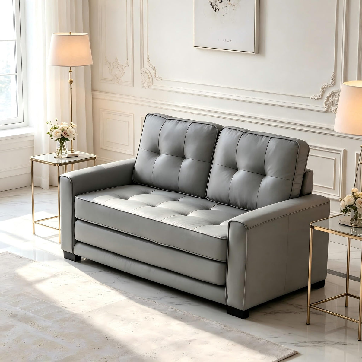 Light Gray Tufted Pull-Out Sleeper Loveseat S5178