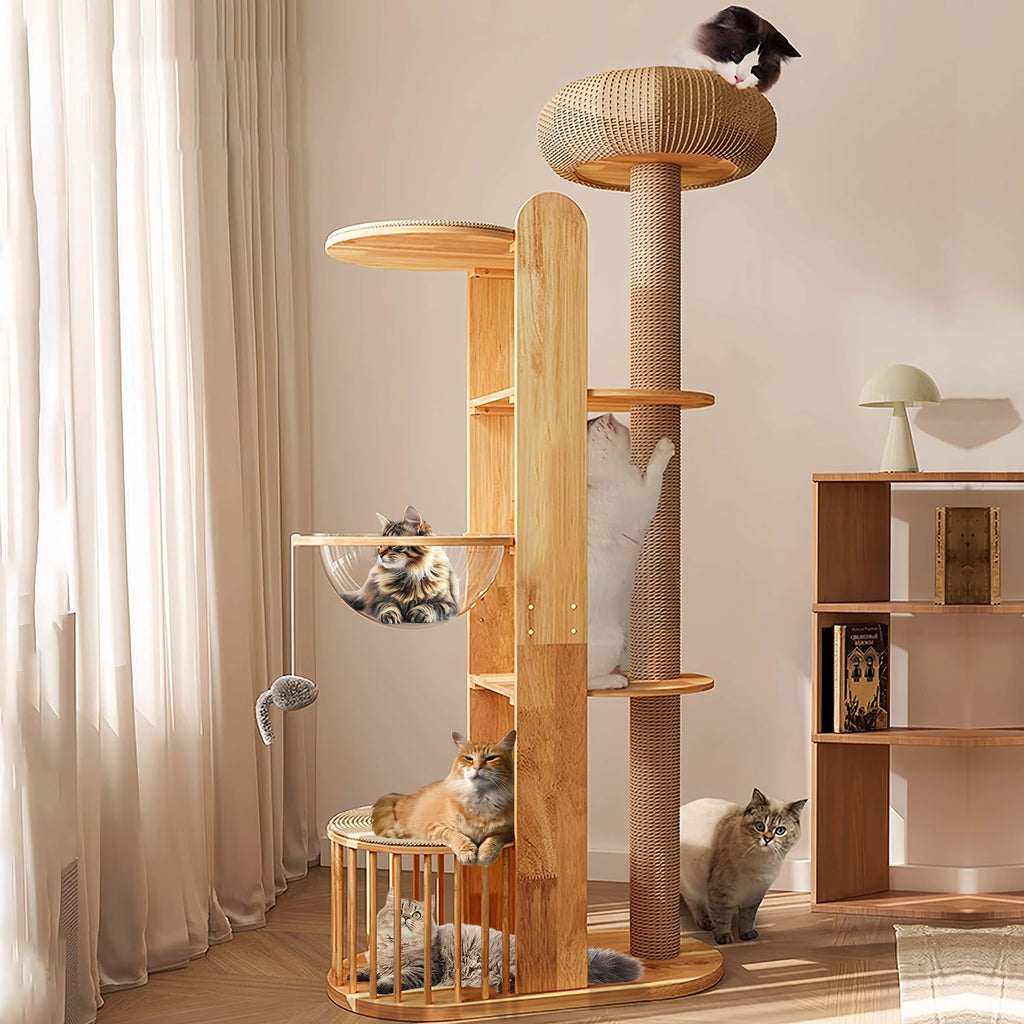 Solid Wooden Cat Tree Tower with Scratching Post F63707