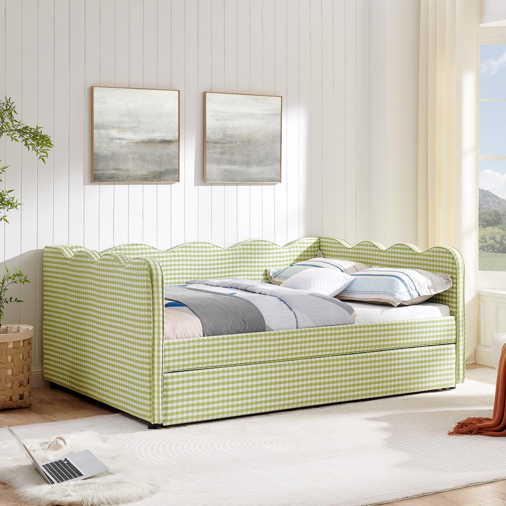 Green Gingham Full to King Upholstered Daybed with Trundle S6618