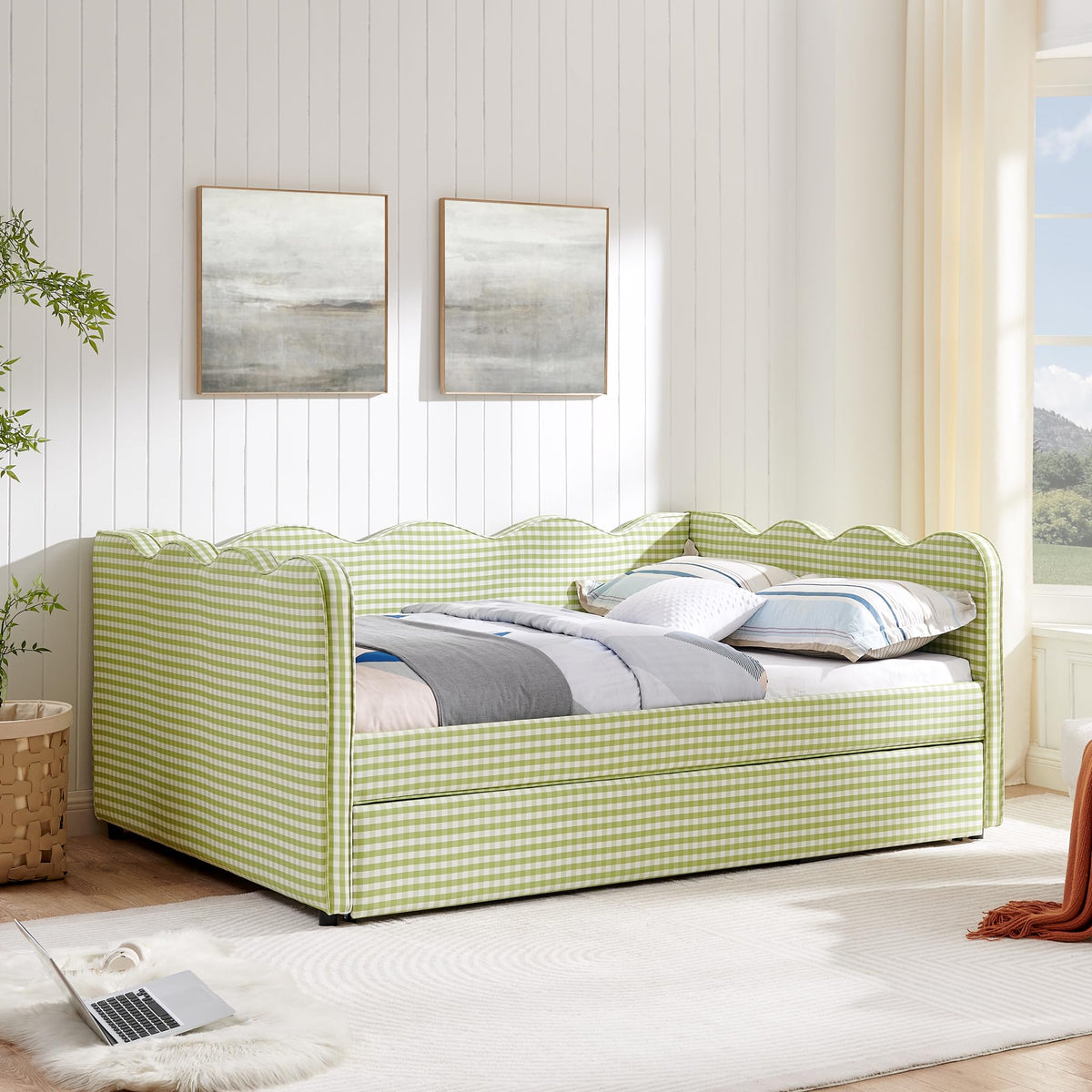 Green Gingham Full to King Upholstered Daybed with Trundle S6618
