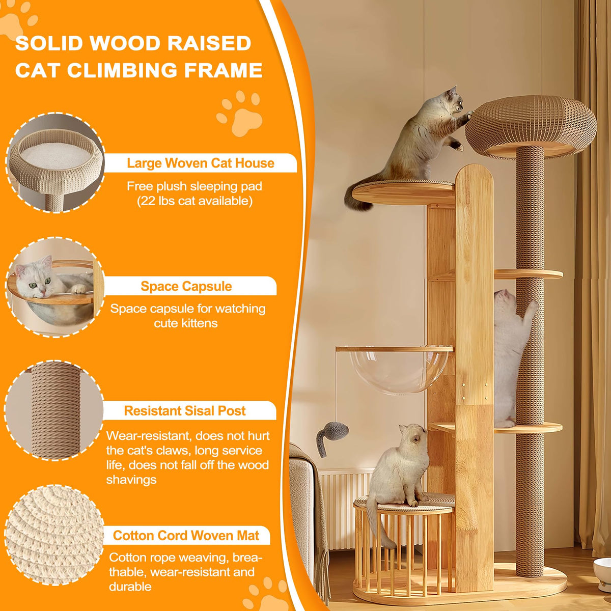 Solid Wooden Cat Tree Tower with Scratching Post F63707
