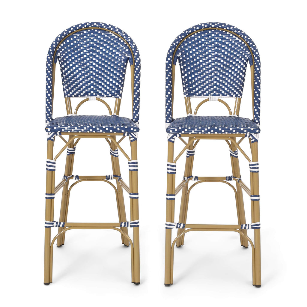 29.5" H Outdoor Bar Stools Set of 2 PE Rattan Aluminum Dark Teal & White Y80866