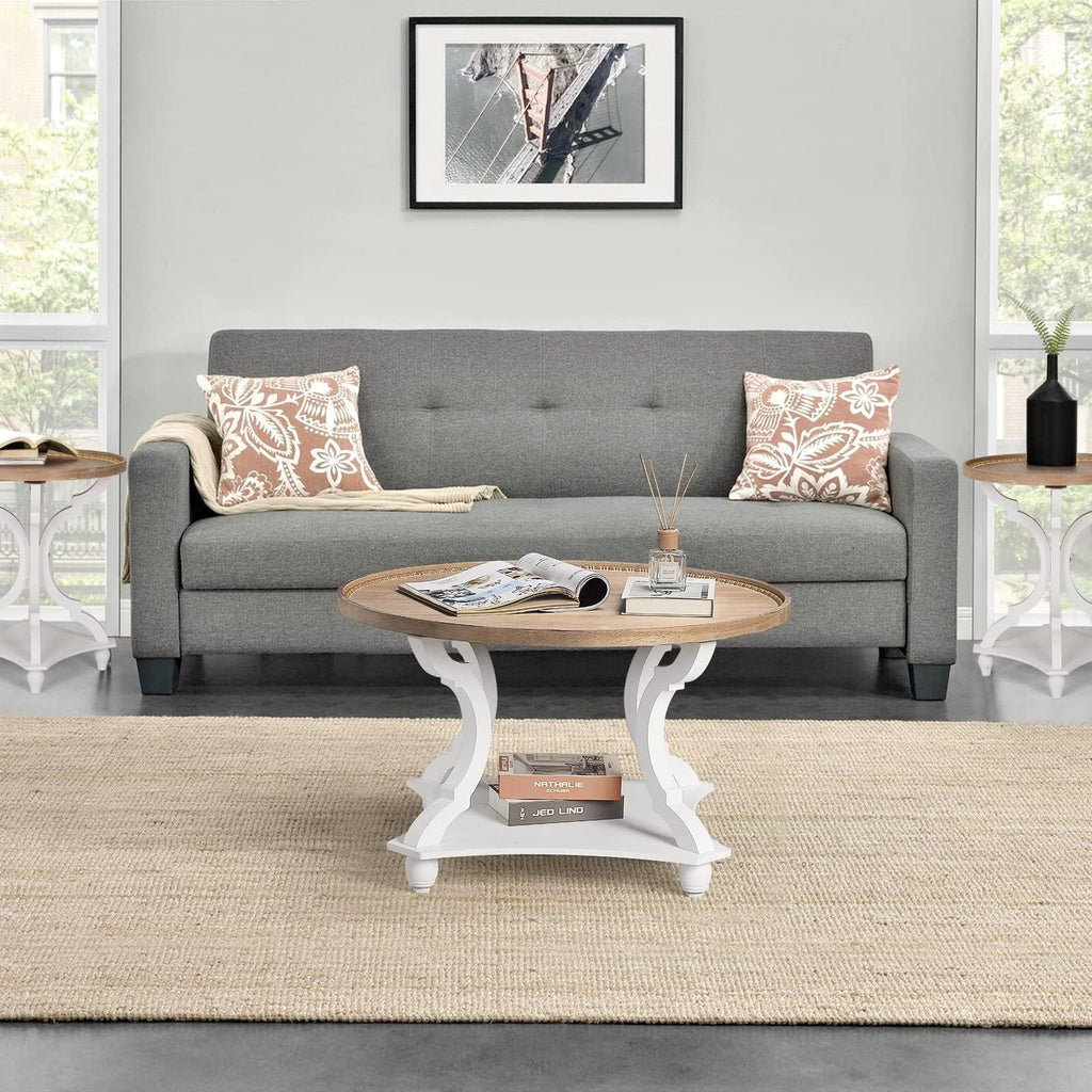 Farmhouse Round Coffee Table with Storage Shelf O94236
