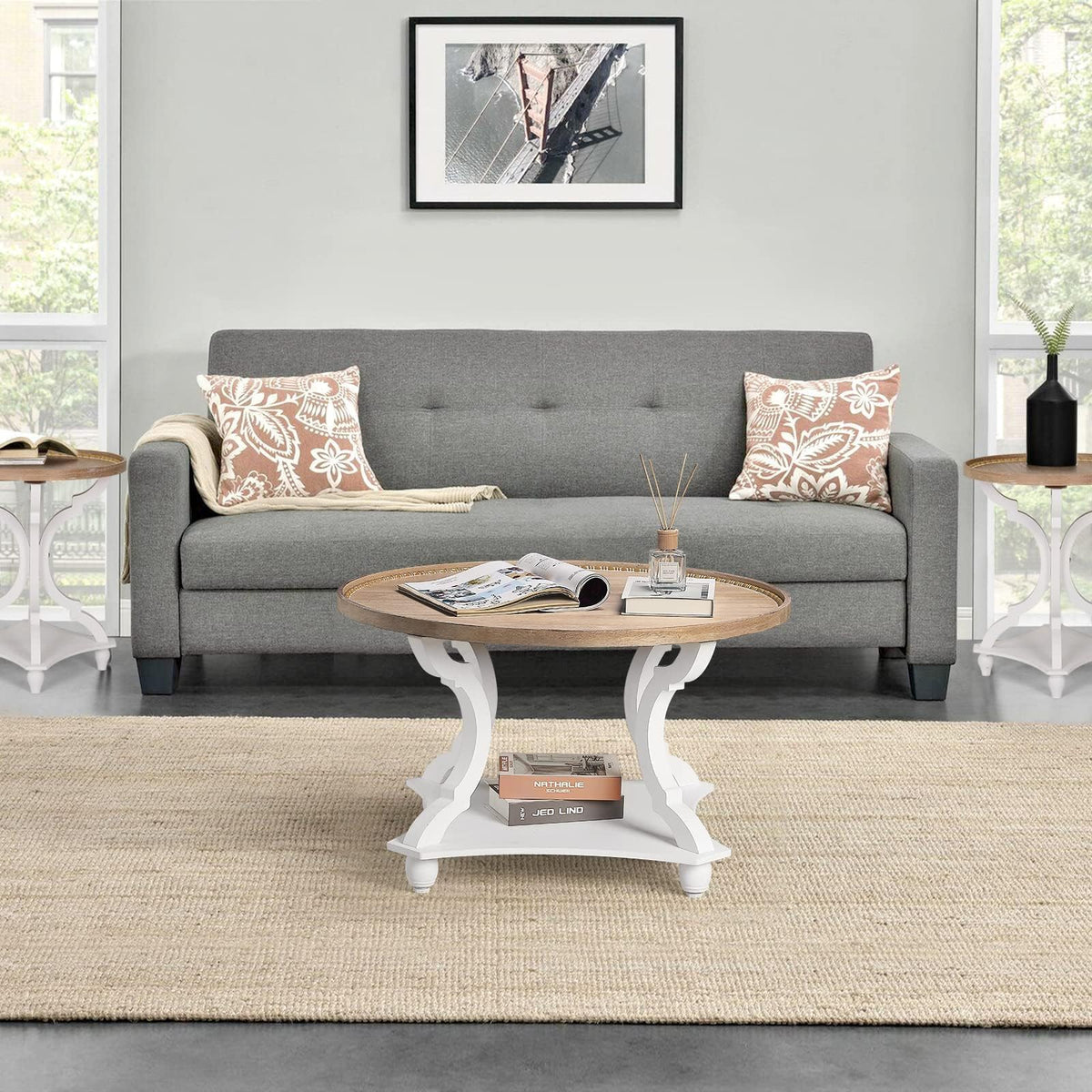 Farmhouse Round Coffee Table with Storage Shelf O94236