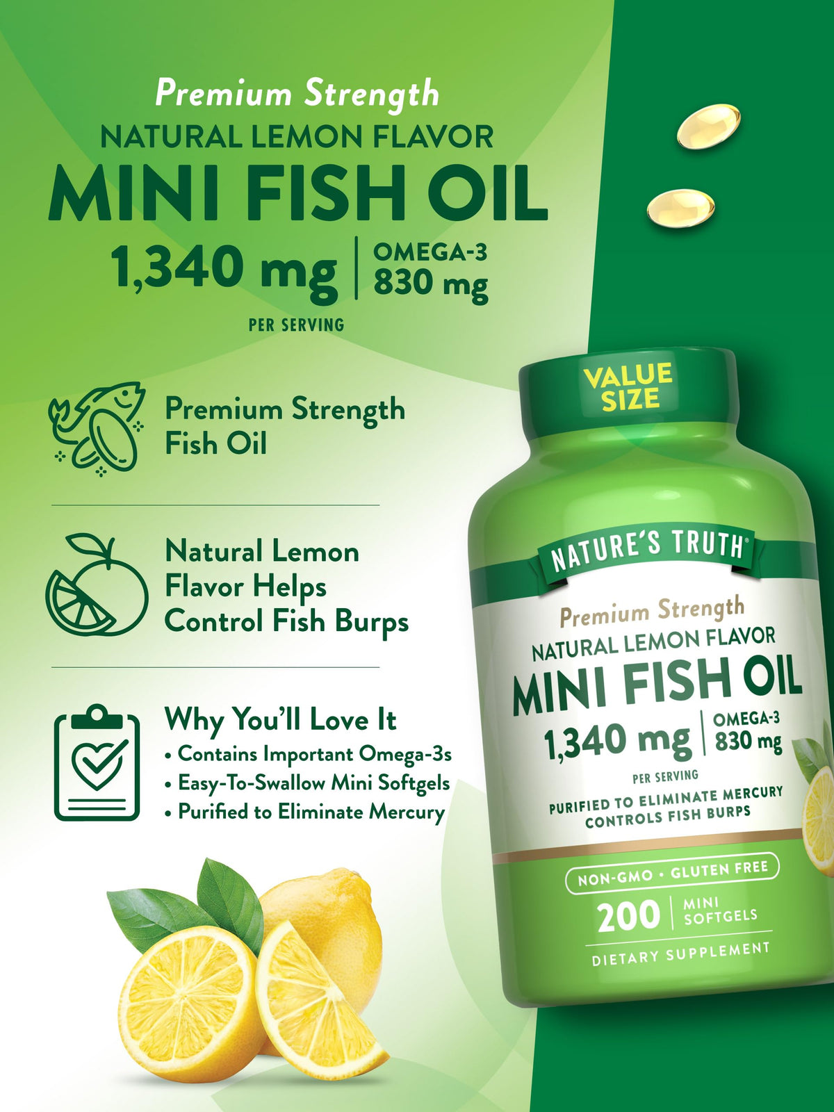Fish Oil Omega 3 1340 mg 200 Mini Softgels B610