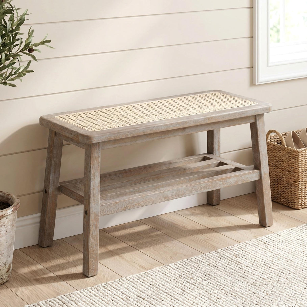 30 Inch Rattan Wooden Entryway Bench with Shoe Rack Y4470