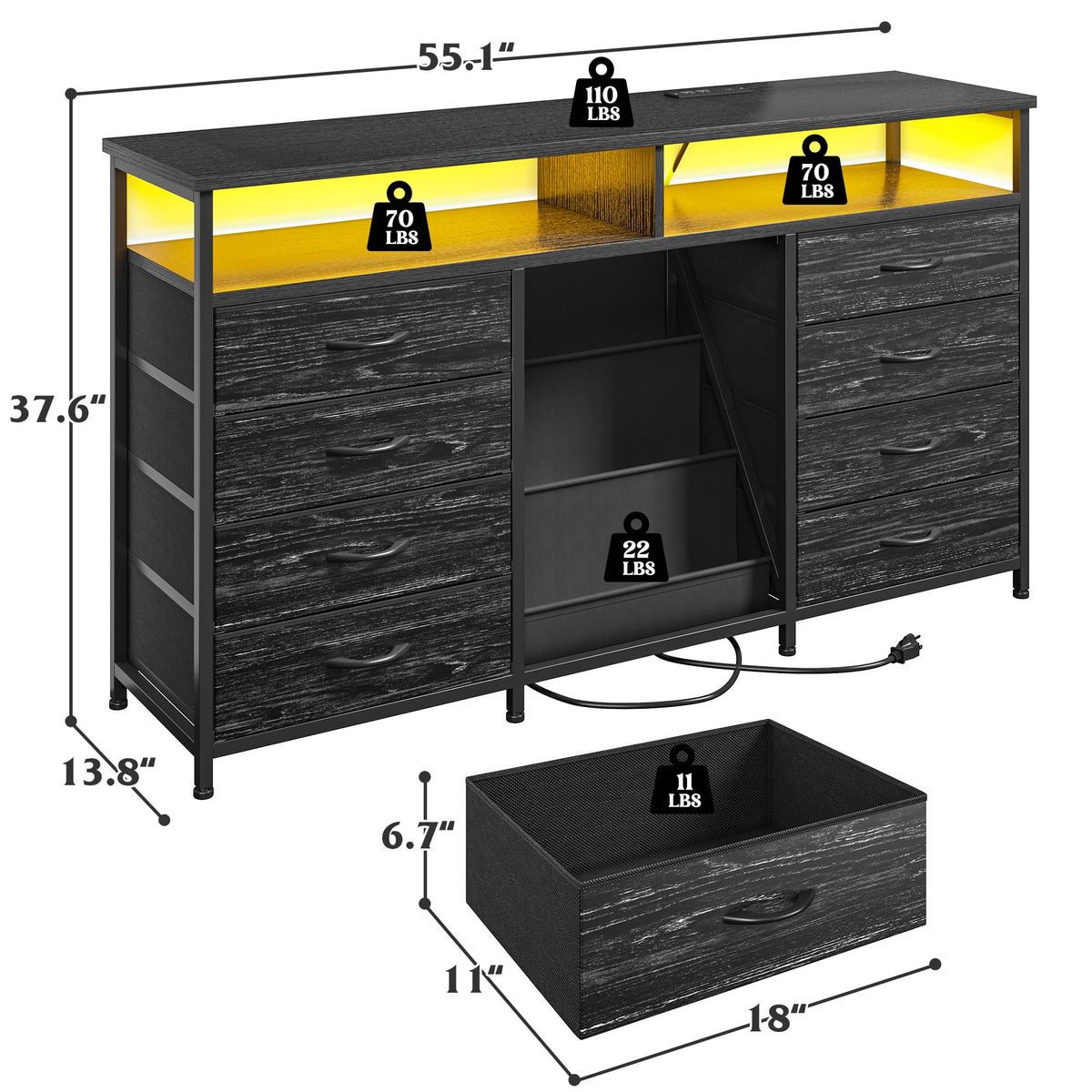 55" W LED Dresser with 8 Drawers & Power Outlet H3655