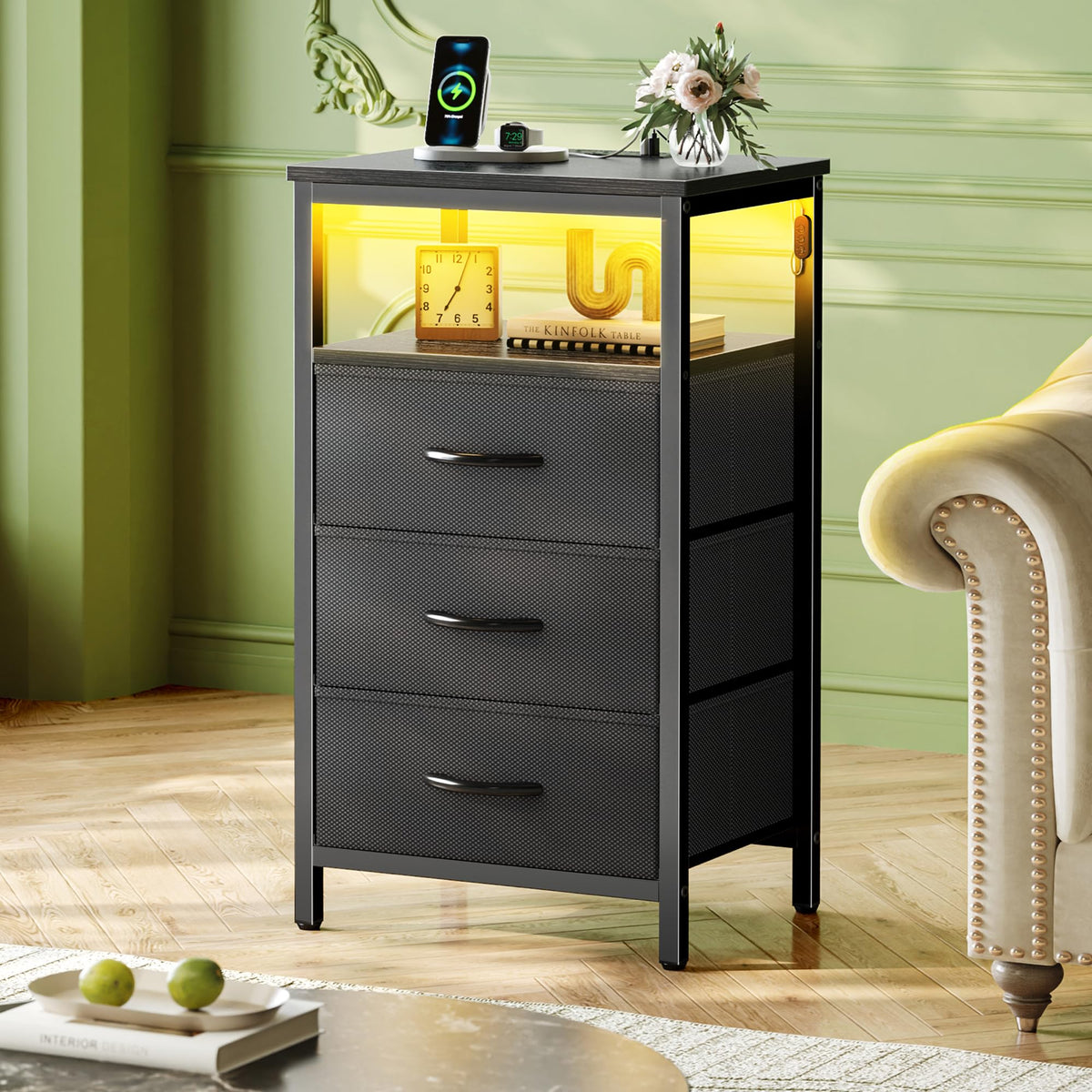 3 Drawer Nightstand with Charger Station and LED Lights O77337