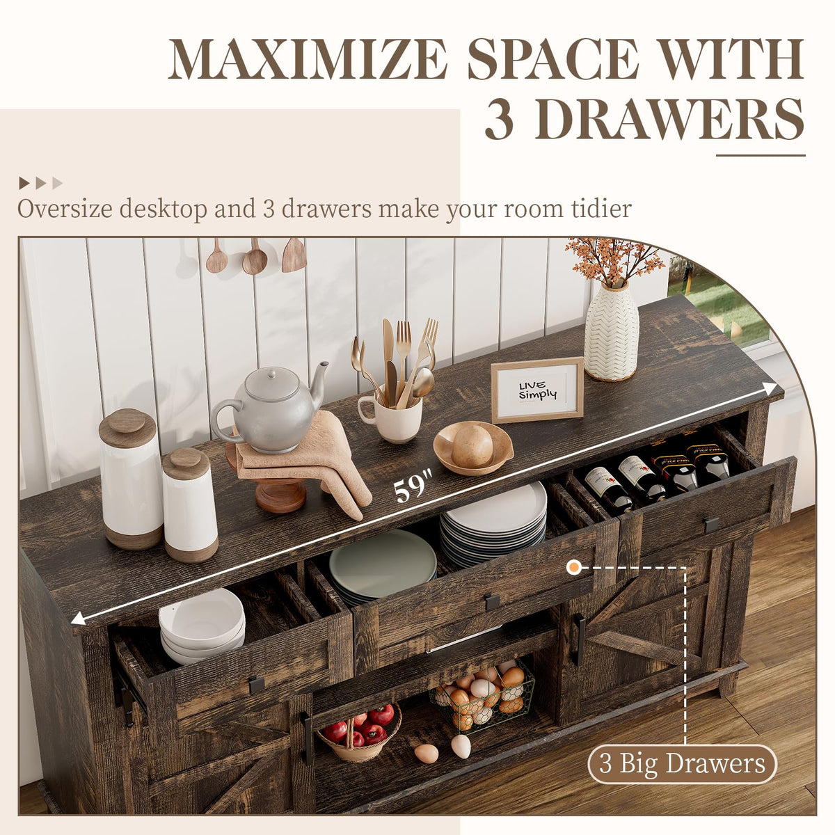 59" Dark Rustic Oak Farmhouse TV Stand with Storage Drawers N64123