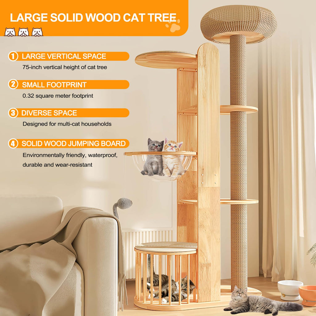 Solid Wooden Cat Tree Tower with Scratching Post F63707