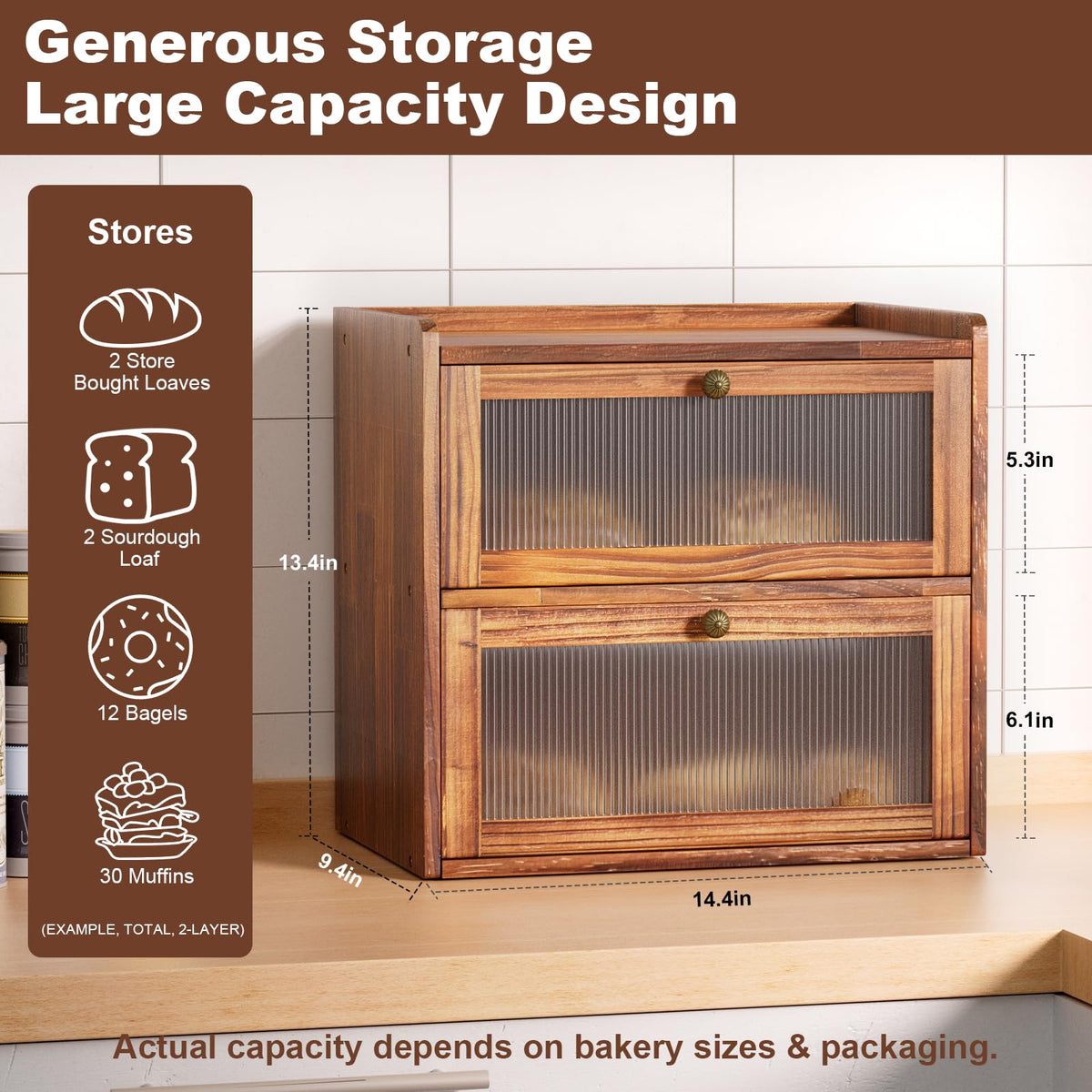 Wooden 2 Layer Bread Box with Window L74635