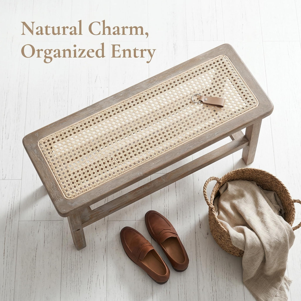30 Inch Rattan Wooden Entryway Bench with Shoe Rack Y4470