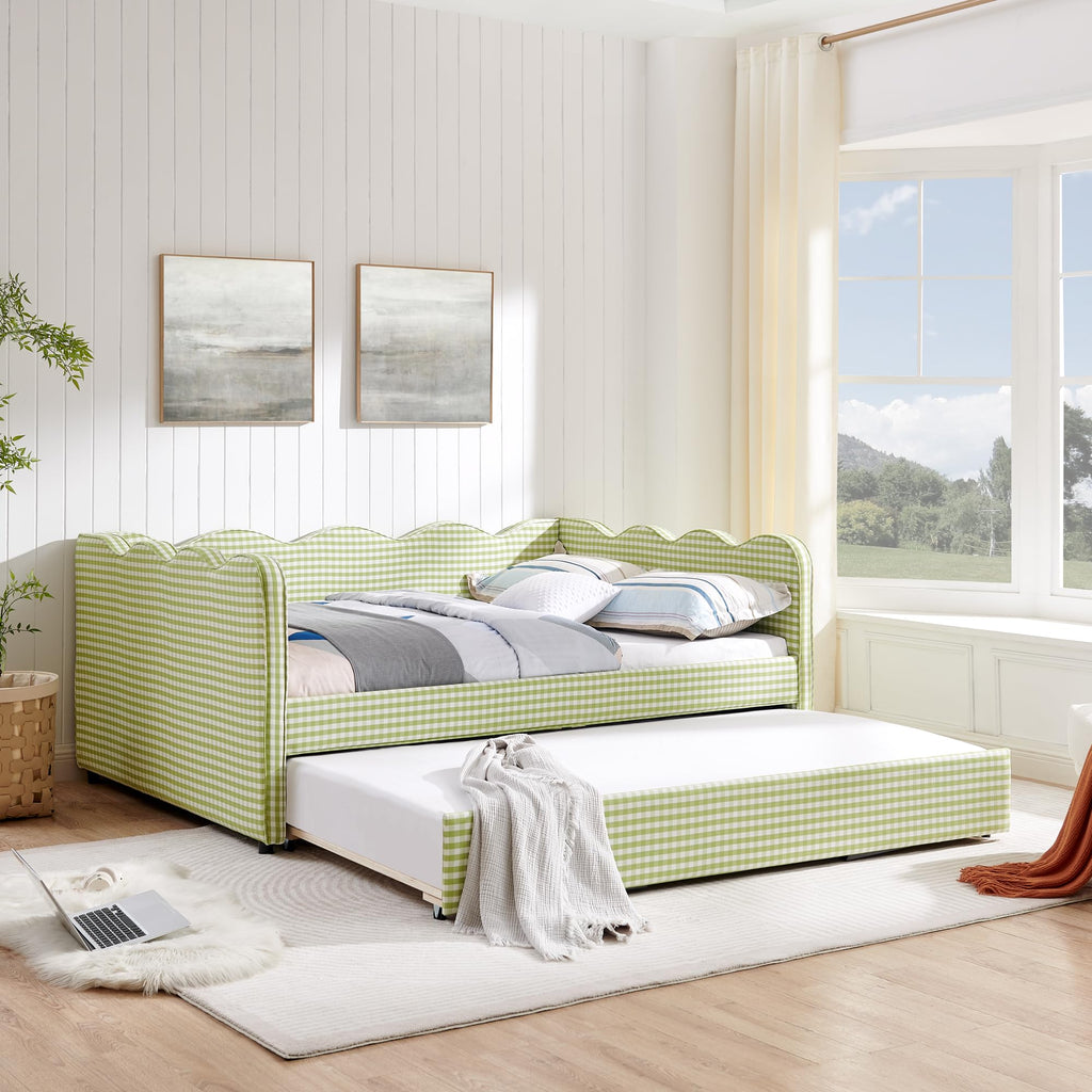 Green Gingham Full to King Upholstered Daybed with Trundle S6618