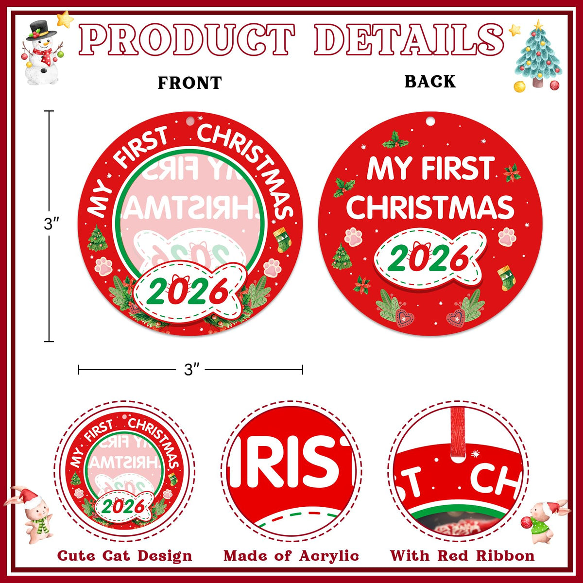 Personalized Picture Frame Cat's First Christmas Ornament 2026 P577