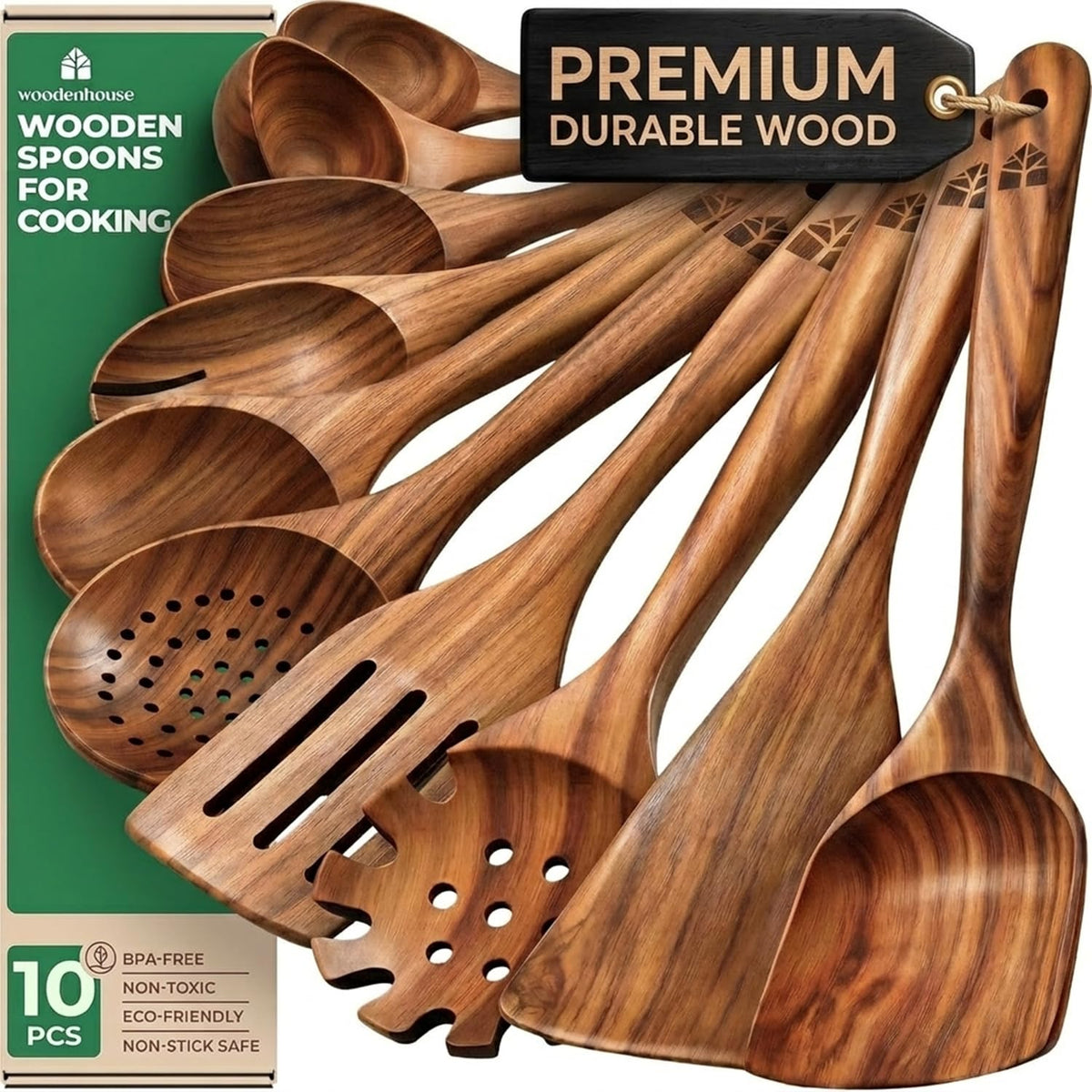 10 Pcs Non Toxic Teak Wooden Kitchen Utensils Set C8702