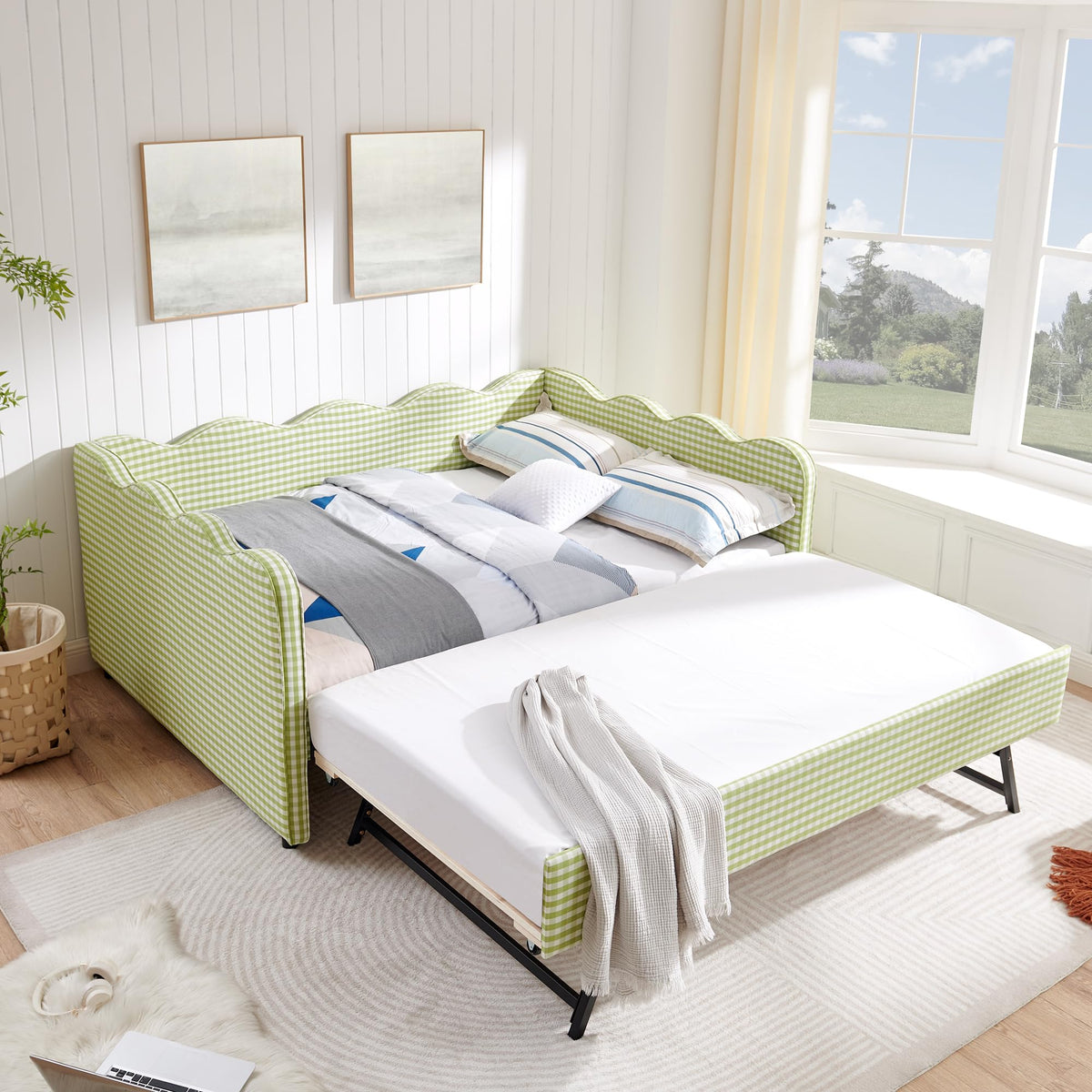 Green Gingham Full to King Upholstered Daybed with Trundle S6618