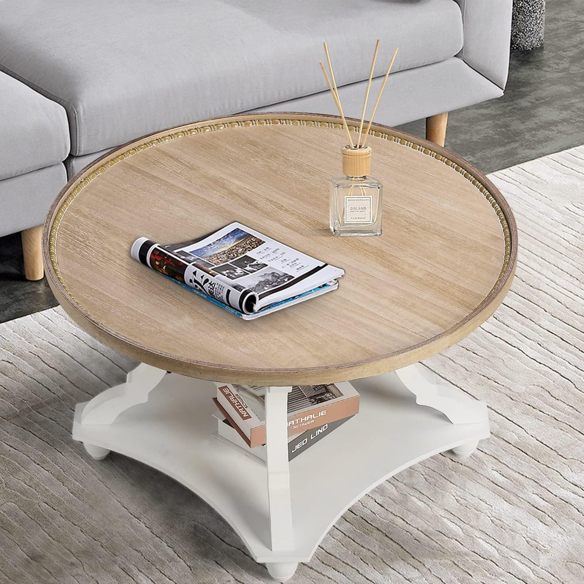 Farmhouse Round Coffee Table with Storage Shelf O94236
