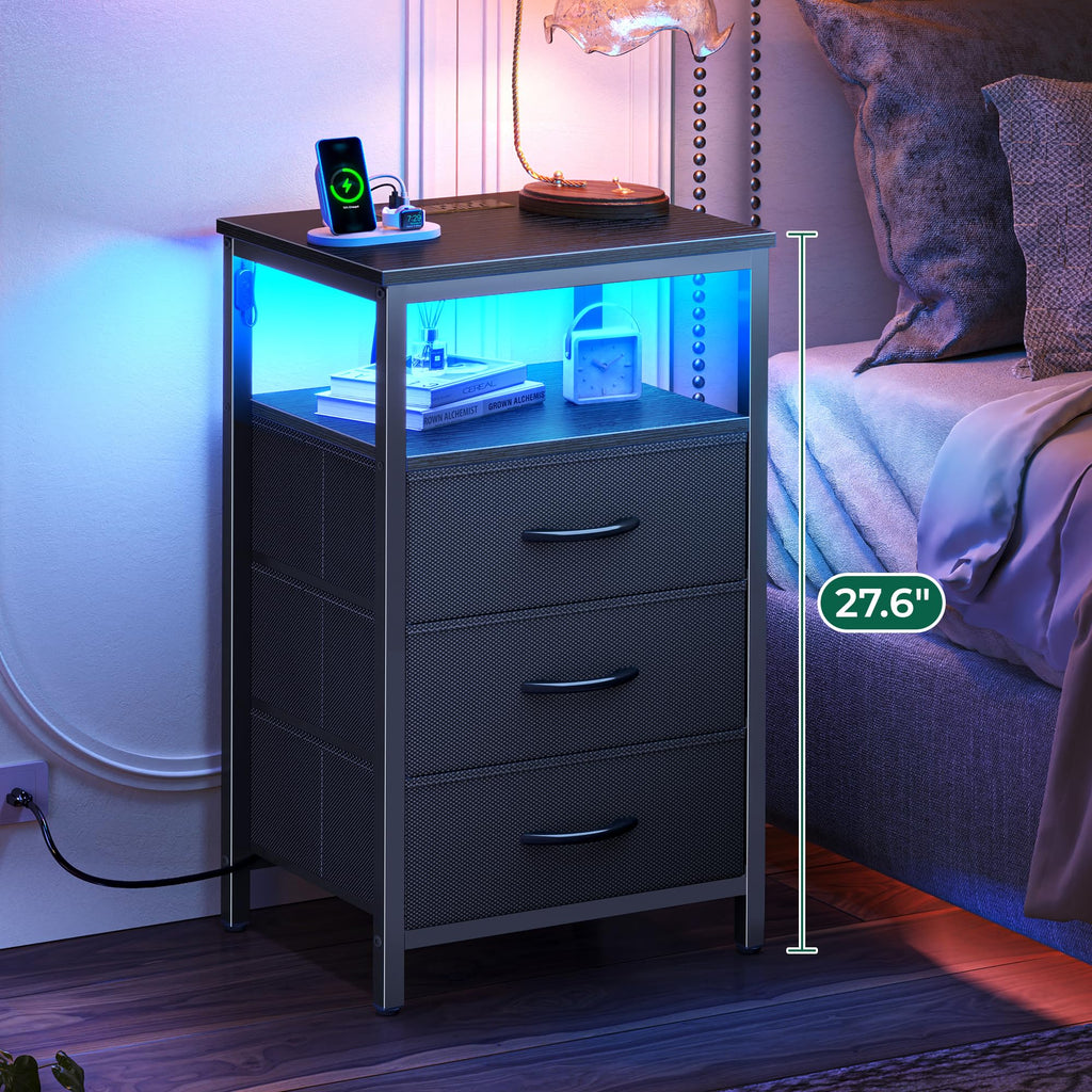 3 Drawer Nightstand with Charger Station and LED Lights O77337