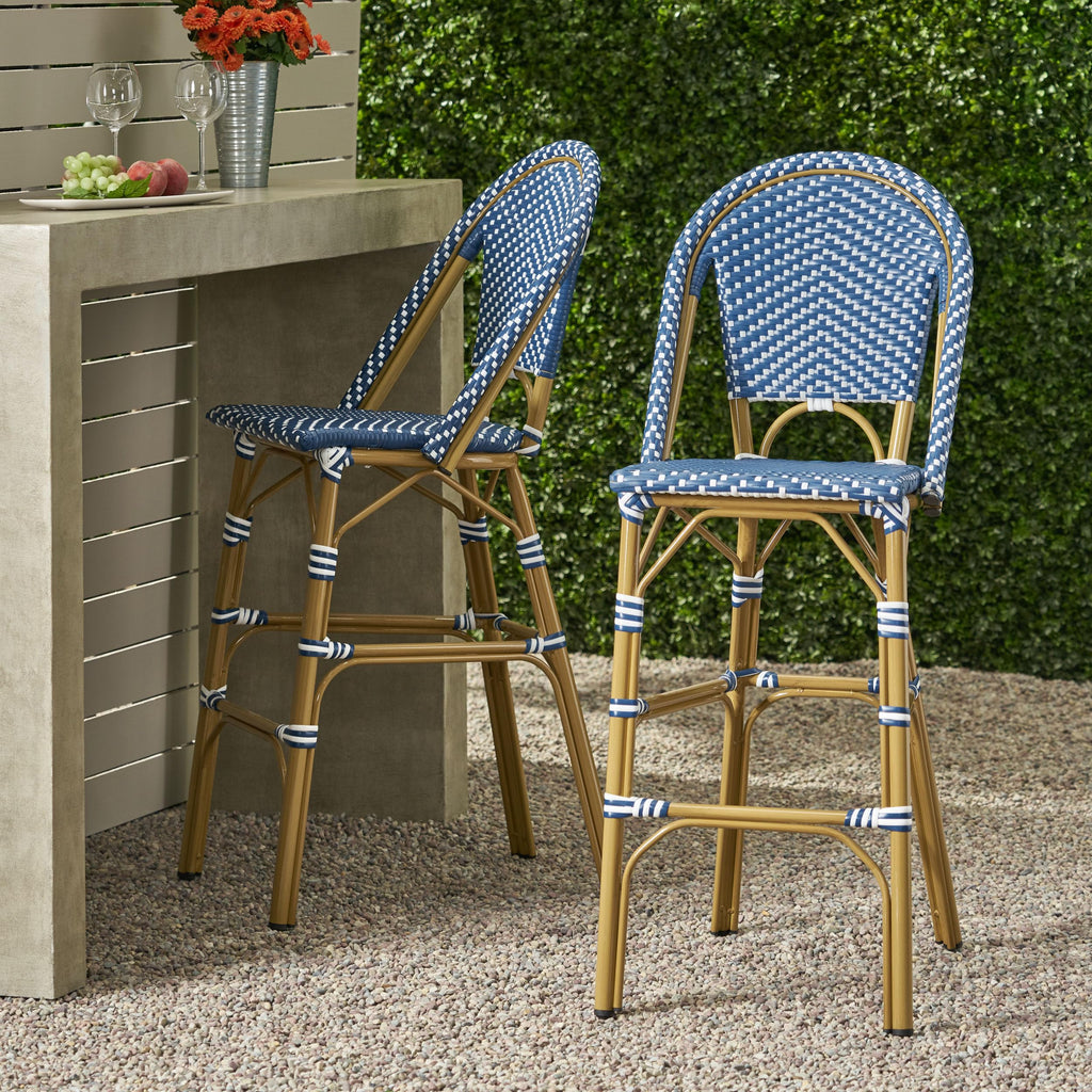 29.5" H Outdoor Bar Stools Set of 2 PE Rattan Aluminum Dark Teal & White Y80866