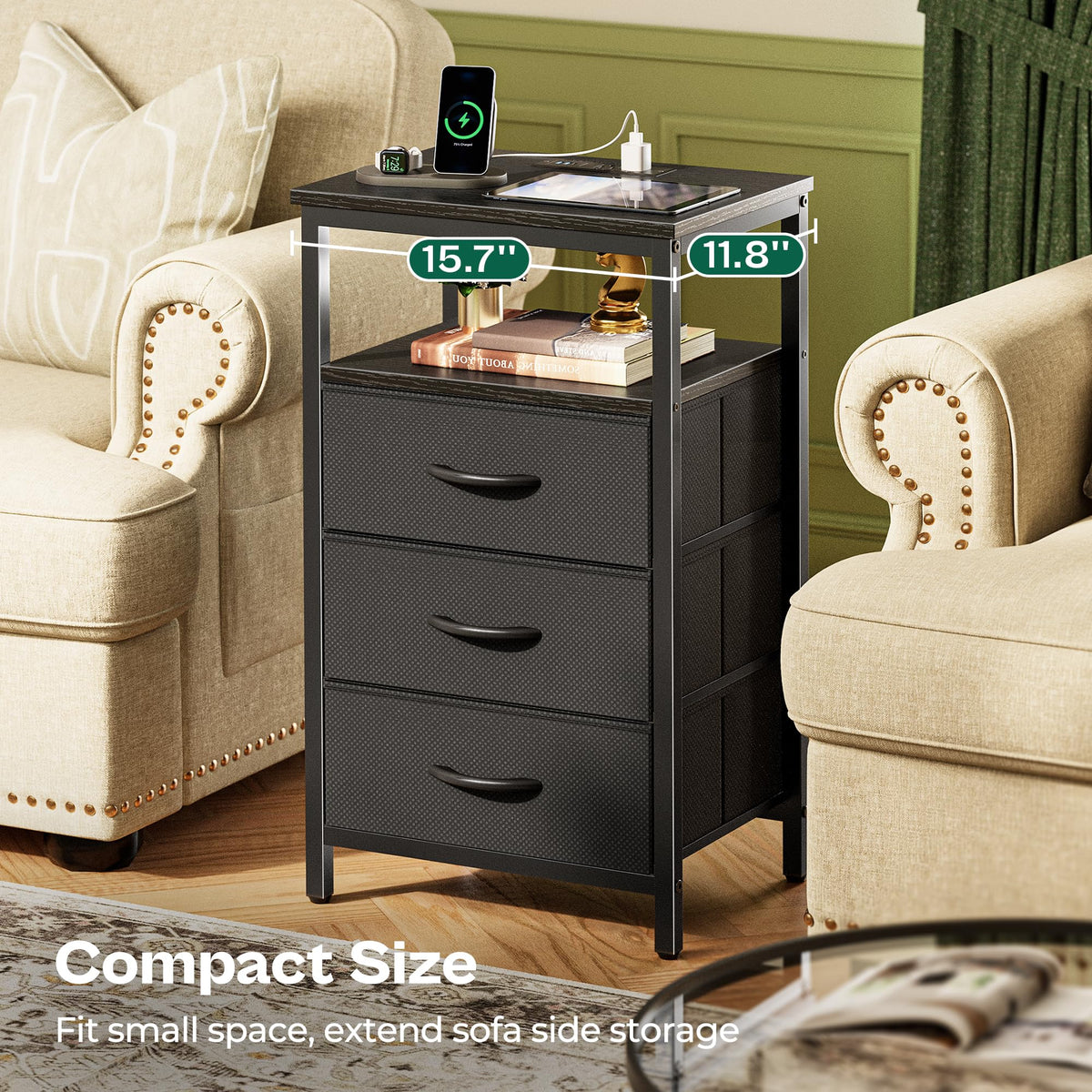 3 Drawer Nightstand with Charger Station and LED Lights O77337
