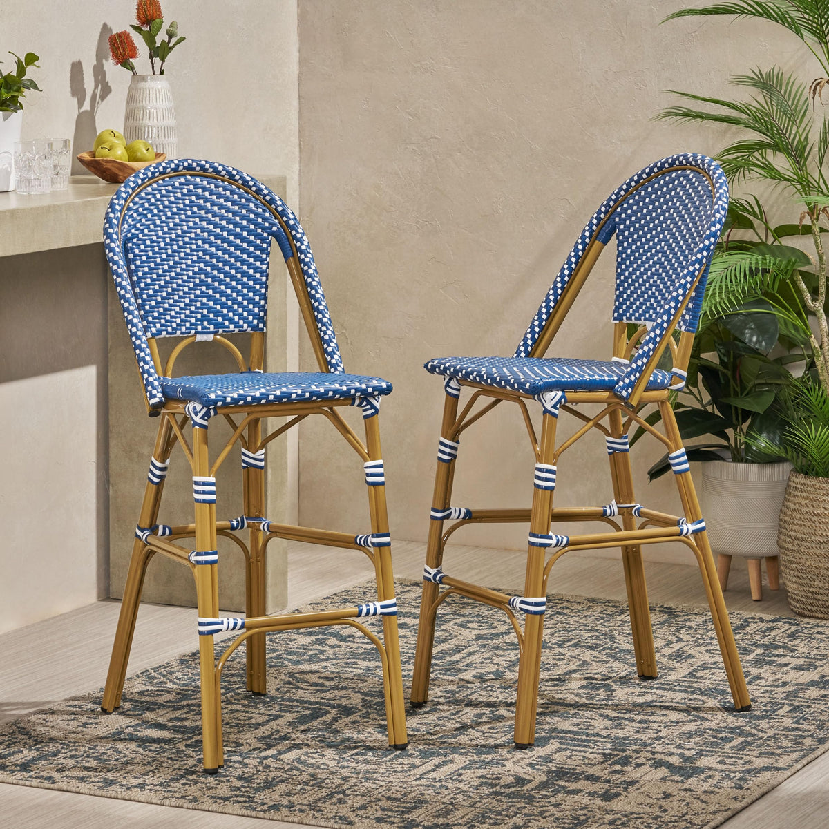 29.5" H Outdoor Bar Stools Set of 2 PE Rattan Aluminum Dark Teal & White Y80866