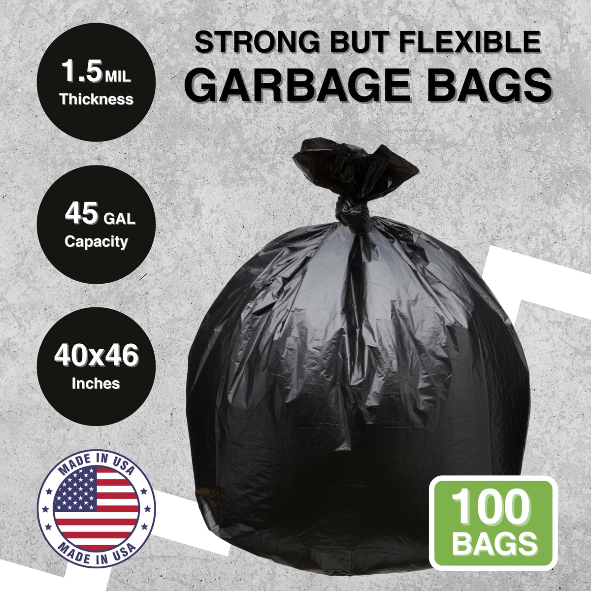 45 Gallon Black 1.5 Mil Trash Bags 100 Count A937