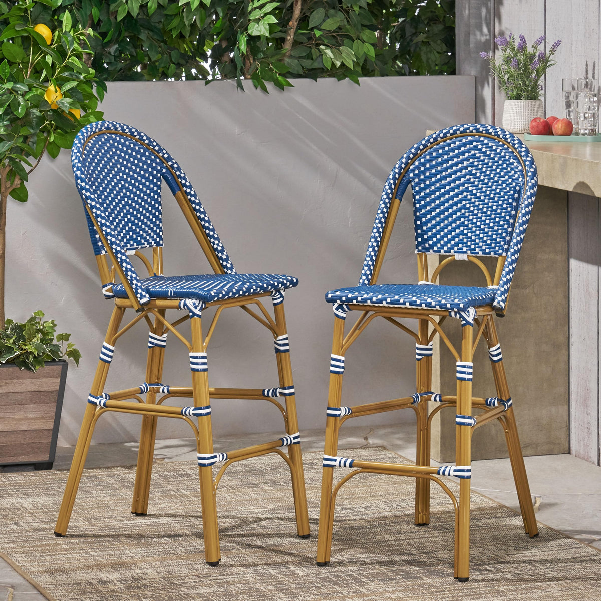 29.5" H Outdoor Bar Stools Set of 2 PE Rattan Aluminum Dark Teal & White Y80866