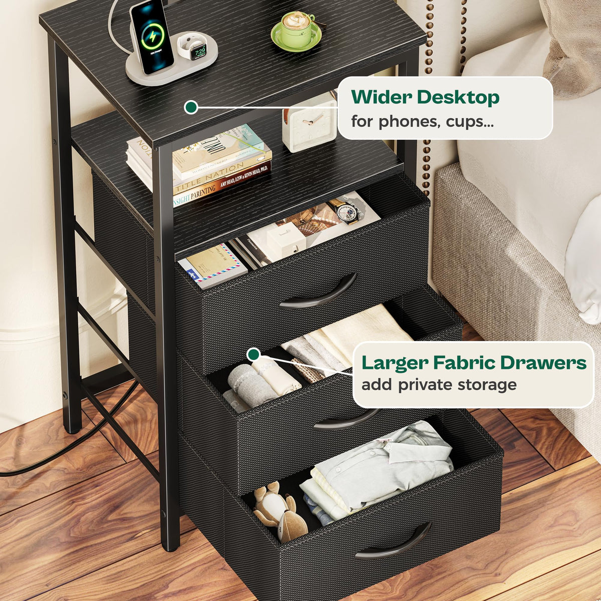 3 Drawer Nightstand with Charger Station and LED Lights O77337